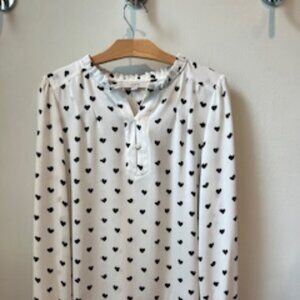 Ann Taylor LOFT Size M Long Sleeve Blouse ivory white black hearts